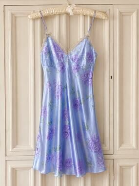 Vintage 90s Lavender Floral Satin Lace Nightie Mini Slip Dress Romantic Coquette